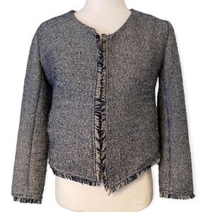 𝅺Banana Republic Women's Tweed Blazer Size 0  Fringe Open Front Jacket